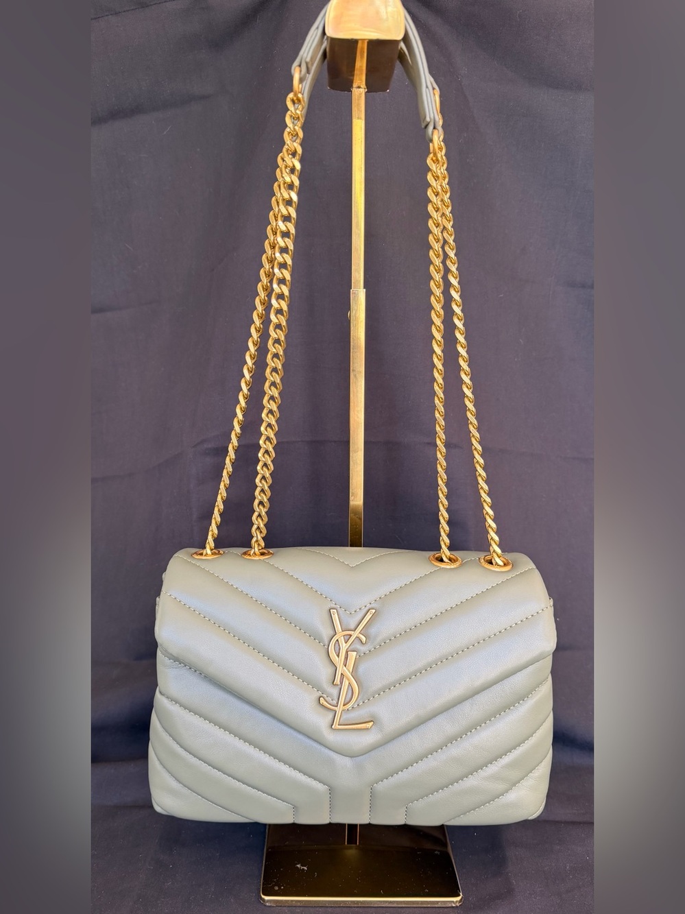 Quilted Chevron Shoulder Bag in Olive Green with Gold Hardware